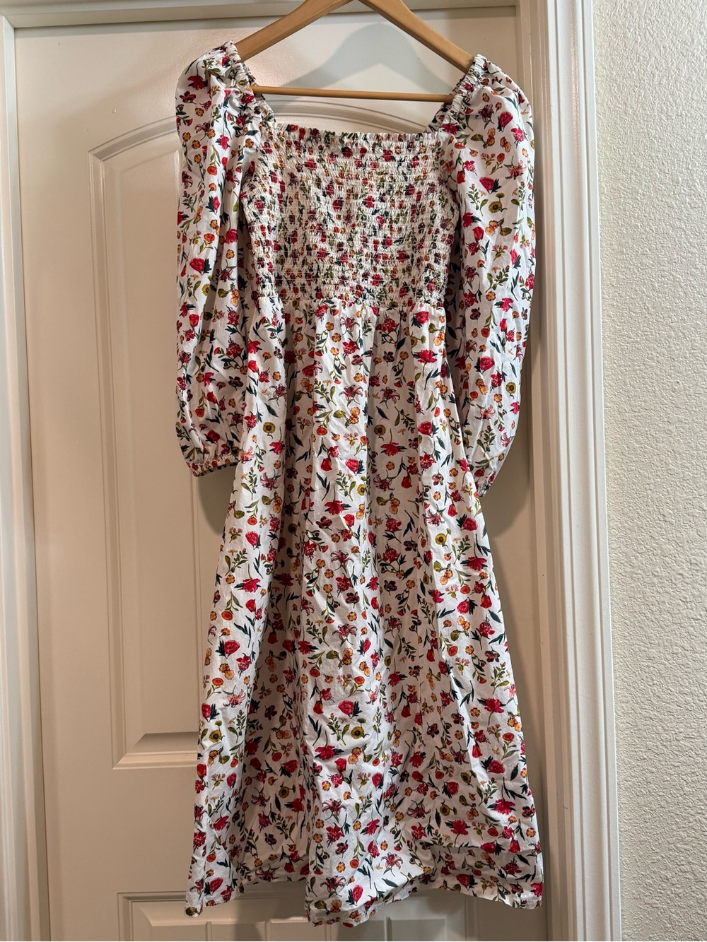 J. Crew White Midi Dress with Red and Green Floral Print